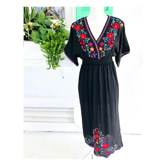 Umgee Black Embroidered Boho Midi Dress – Size M - Picture 2 of 7